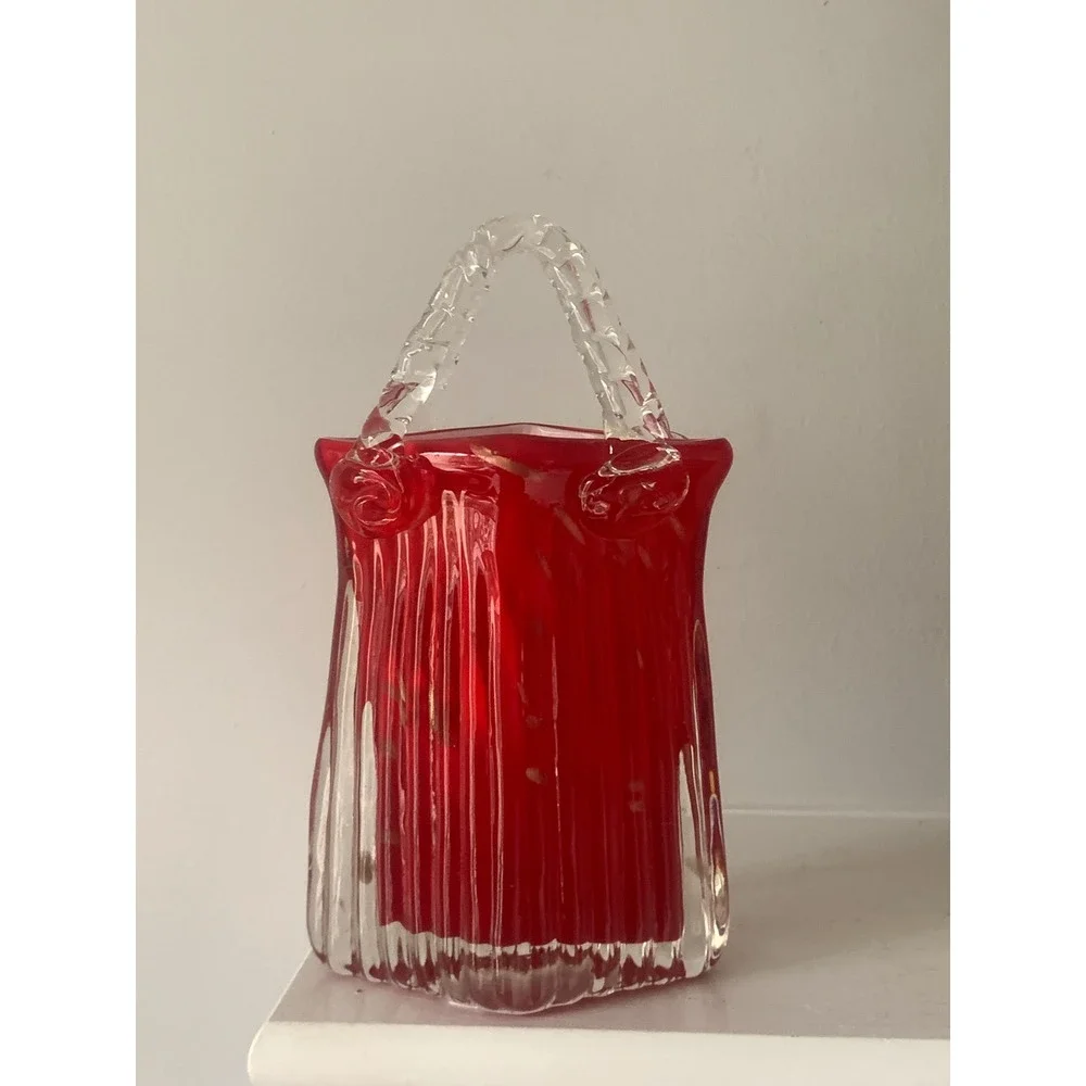 Hand Blown Red Glass Purse Vase Gold‎ Aventurine Flecks Ribbed Art Glass Handbag